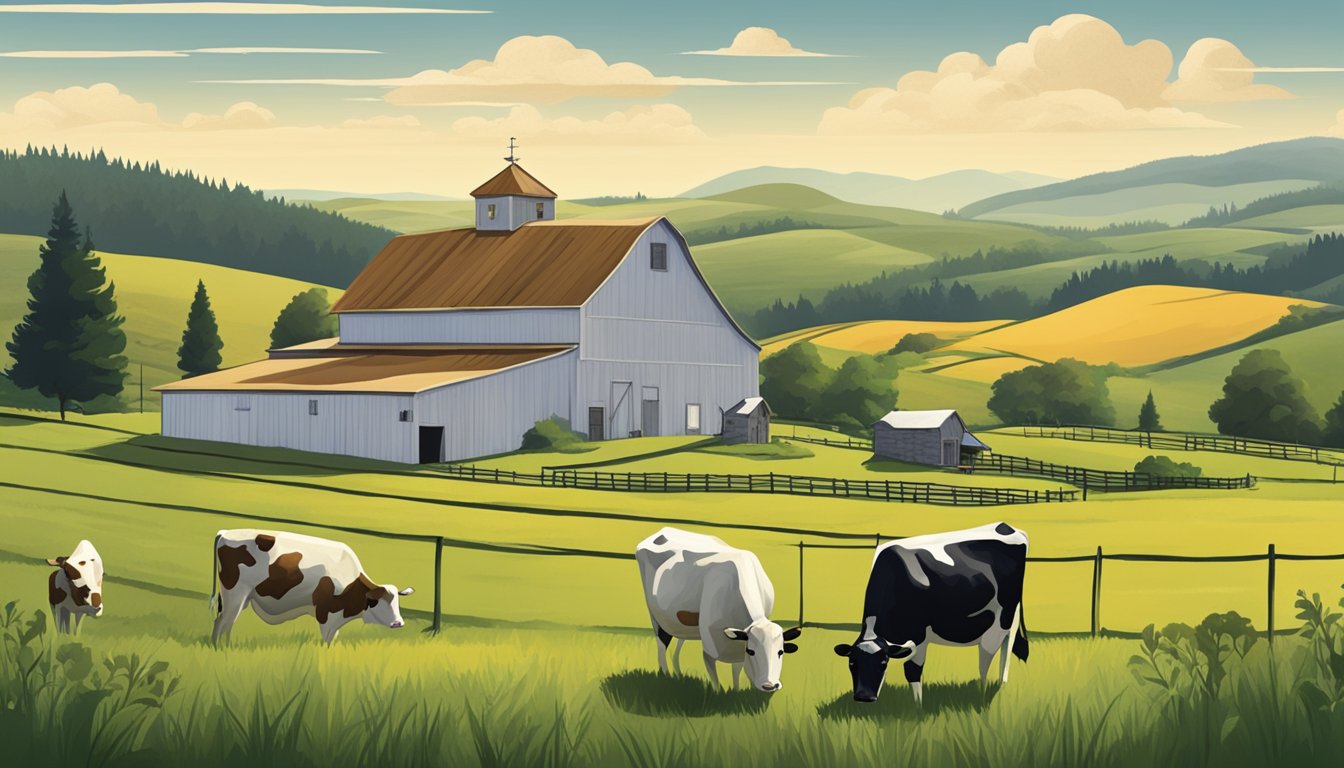 A rustic farm setting with rolling green hills, cows grazing in the fields, and a small creamery building with a "Oregon Artisan Cheese" sign