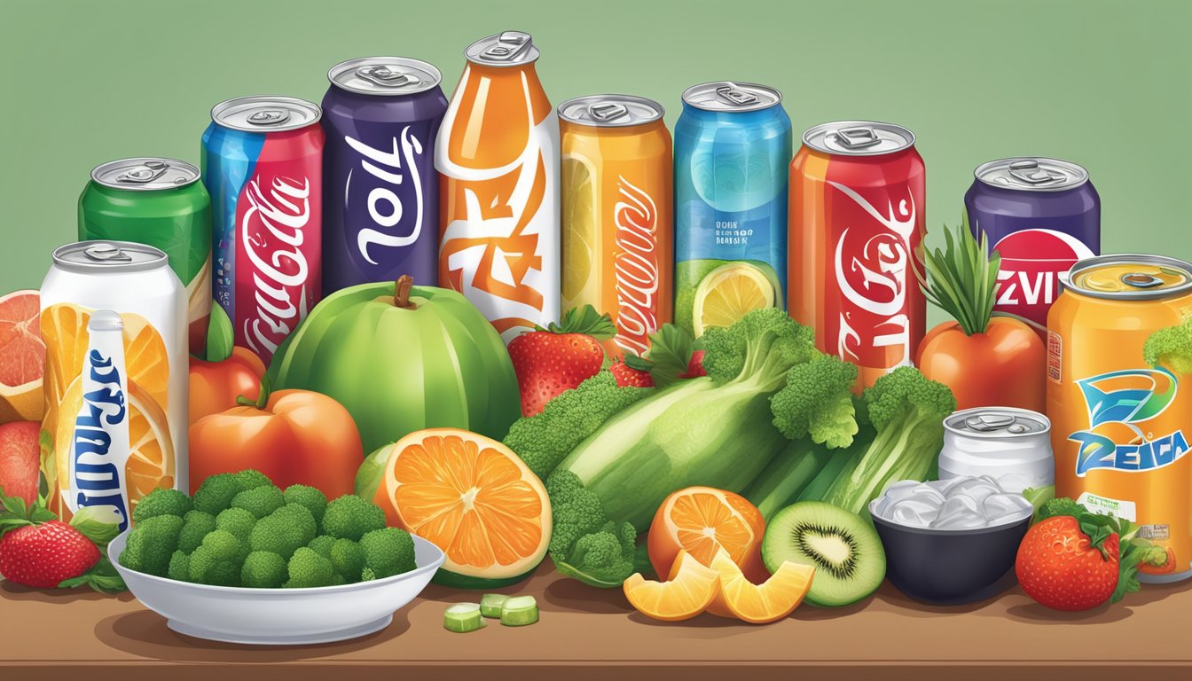 A table with various diet and lifestyle items, including fruits, vegetables, meats, and Zevia soda cans