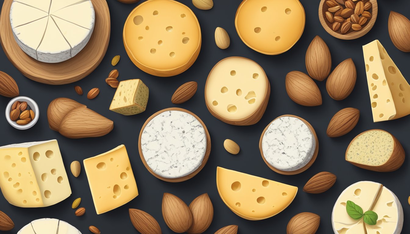 A display of various Oregon artisan cheeses arranged on a wooden board with labels and accompanying fruits and nuts