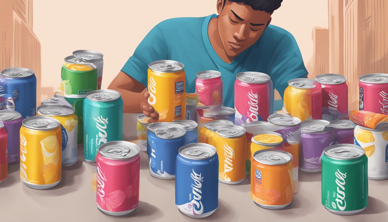 A table with various Zevia soda flavors, surrounded by empty cans and a person holding their stomach in discomfort