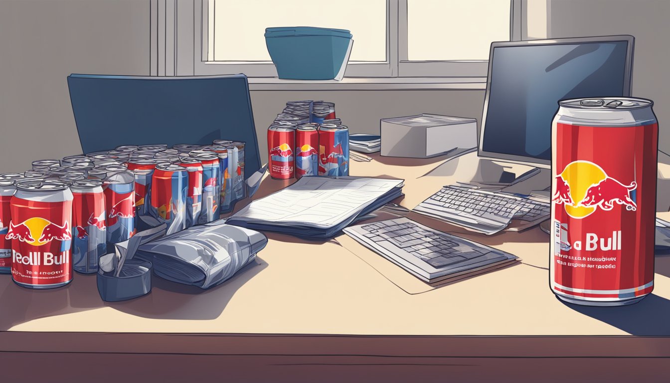 A cluttered desk with multiple empty Red Bull cans and a person looking fatigued