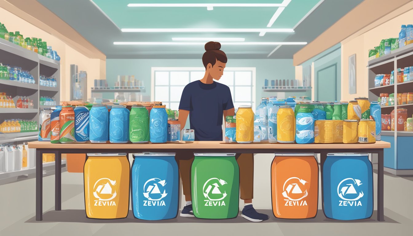 A table with multiple empty Zevia cans, surrounded by recycling bins and a person holding a reusable water bottle