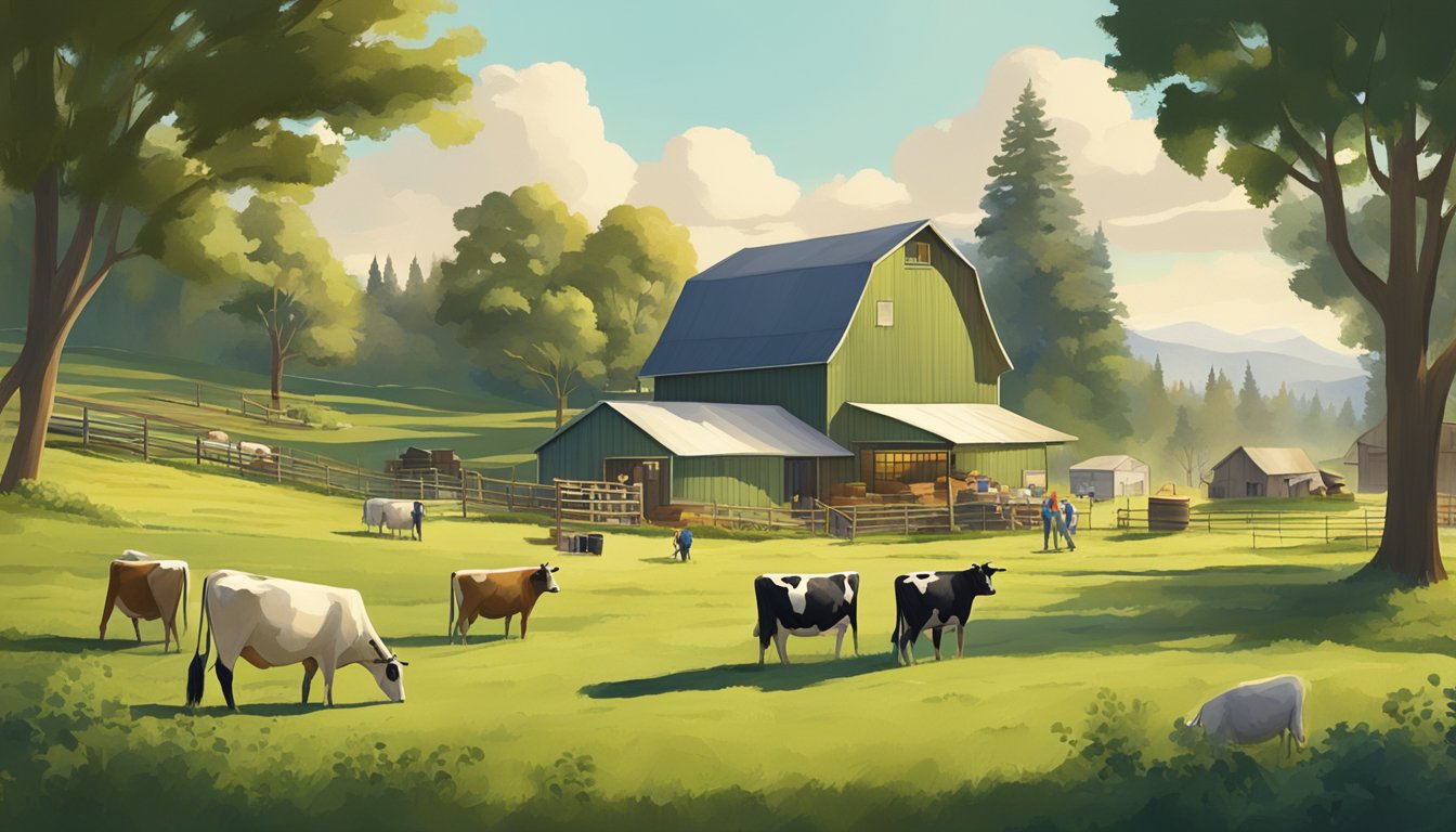 A rustic Oregon farm with cows grazing in lush green fields, a small creamery building, and workers handcrafting artisanal cheese