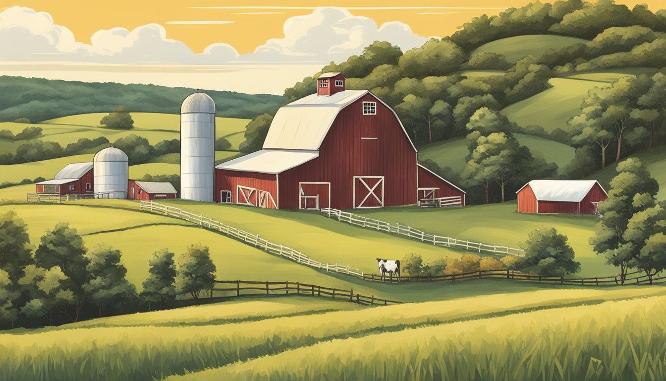 An idyllic Rhode Island farm with rolling hills and grazing cows, a rustic barn with a sign reading "Local Artisan Cheese," and a small production facility with workers crafting gourmet cheeses