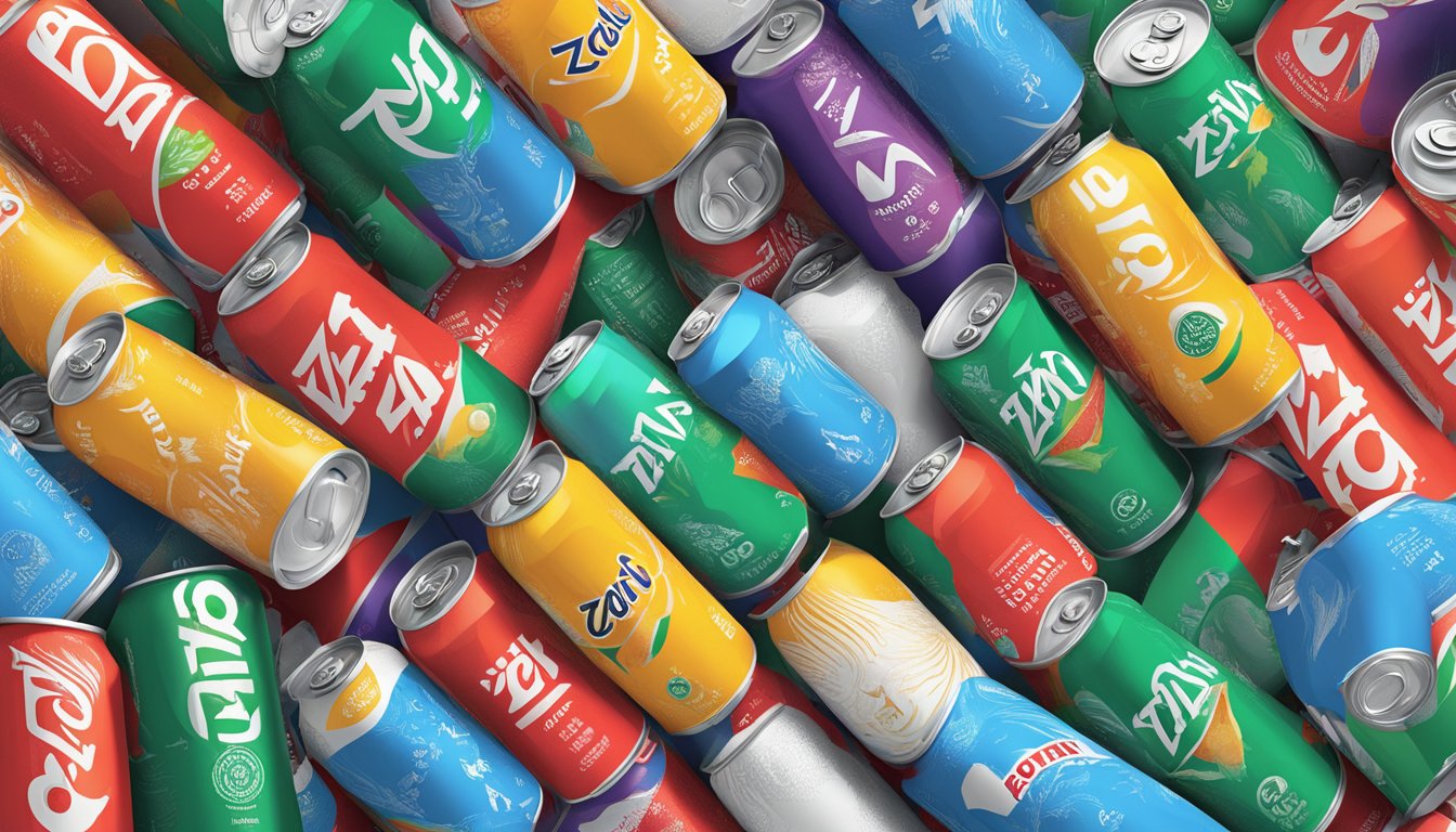 A mountain of Zevia cans towering over other beverages, casting a shadow over them