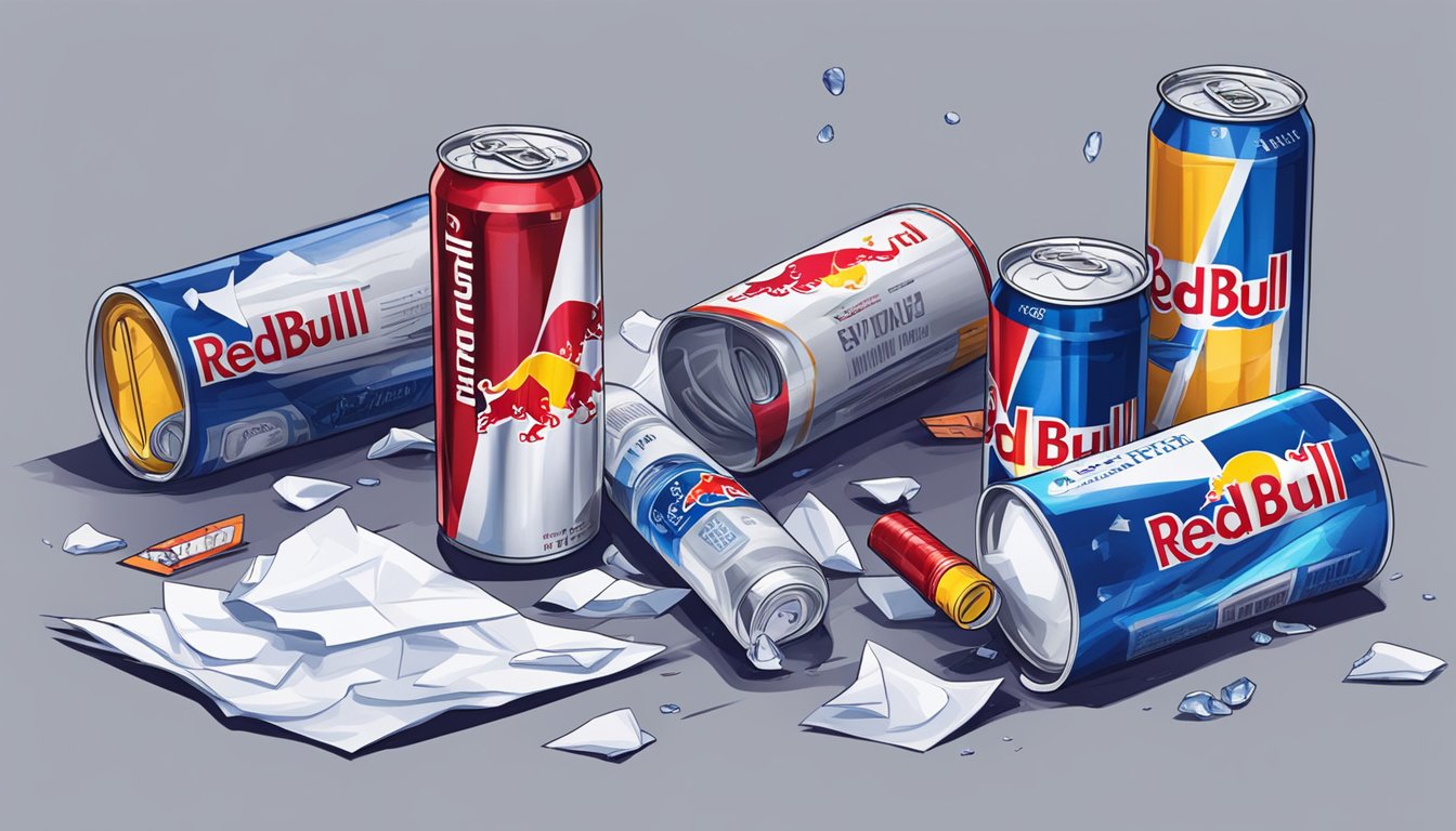 Empty red bull cans scattered on a cluttered desk, surrounded by crumpled papers and a half-empty bottle of water