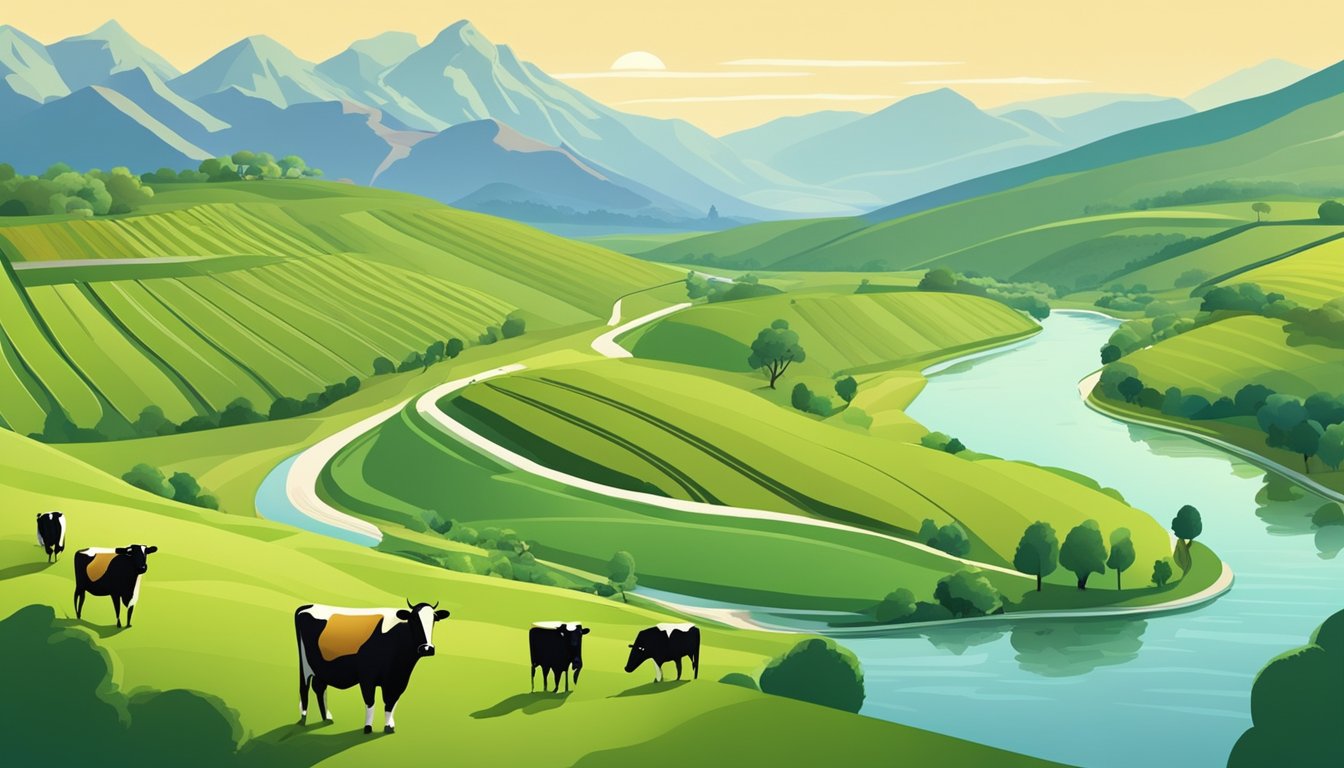 A rolling green landscape with grazing cows, vineyards, and orchards, surrounded by mountains and a winding river