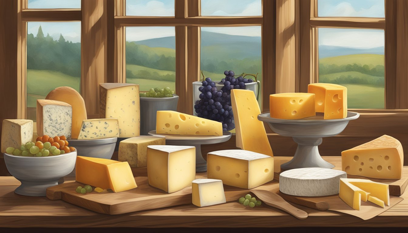 A rustic wooden table displays an assortment of Pennsylvania artisan cheeses, each with unique textures and colors. A soft, natural light filters through a nearby window, creating a warm and inviting atmosphere