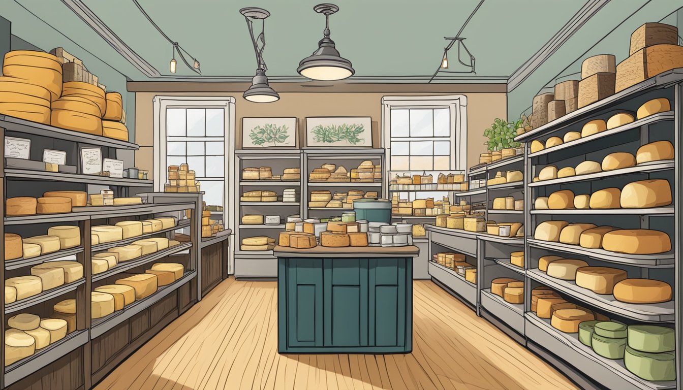 A cozy cheese shop in Rhode Island, with shelves stocked with a variety of local artisan cheeses and a friendly distributor assisting customers