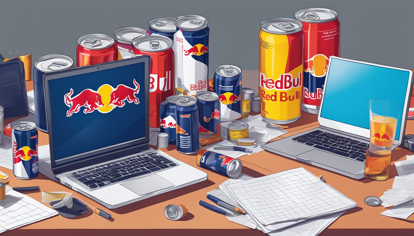 A cluttered desk with multiple empty and half-full cans of Red Bull scattered around, alongside a laptop and papers