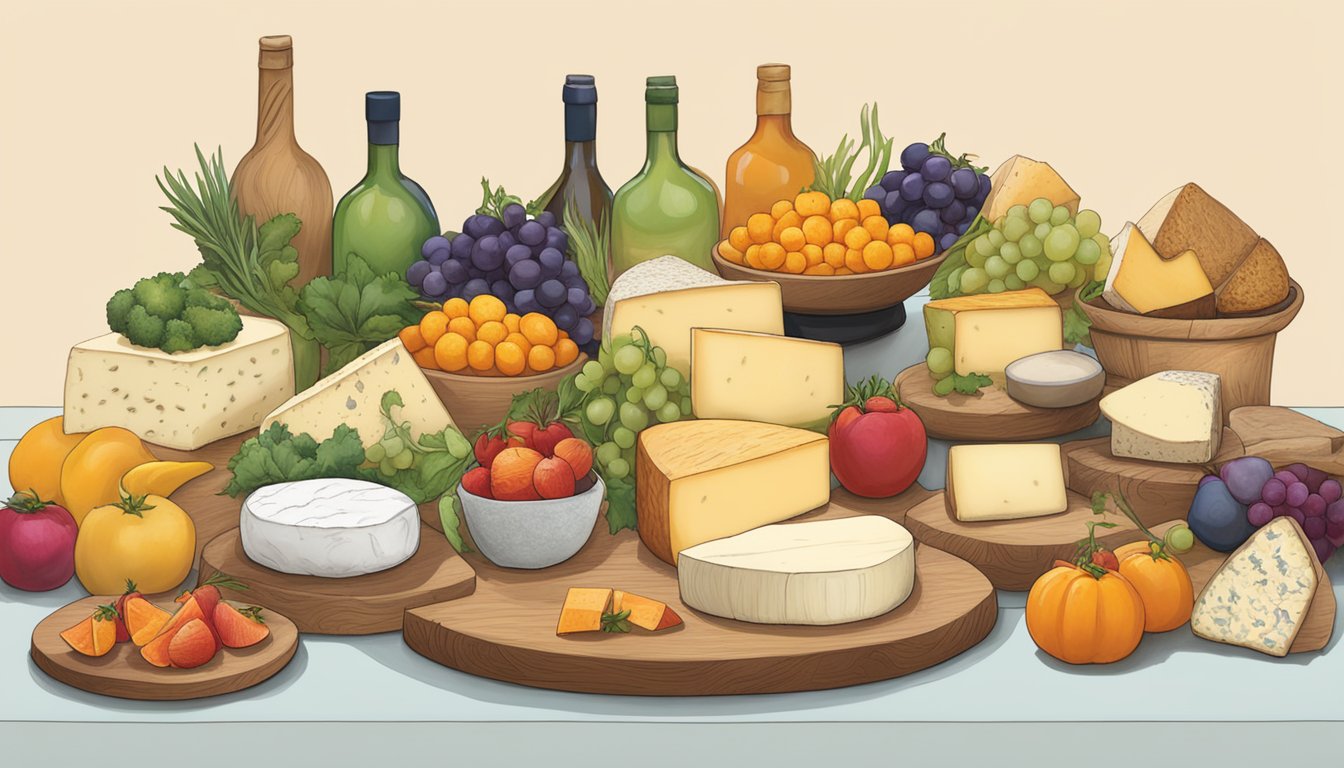 A table adorned with a variety of Oregon artisan cheeses paired with an assortment of vibrant local produce, creating a colorful and appetizing display