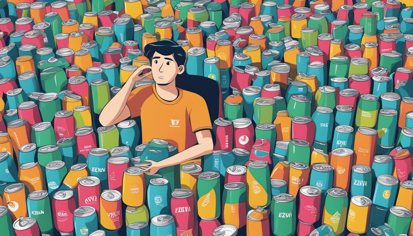 A person surrounded by empty Zevia cans, looking overwhelmed