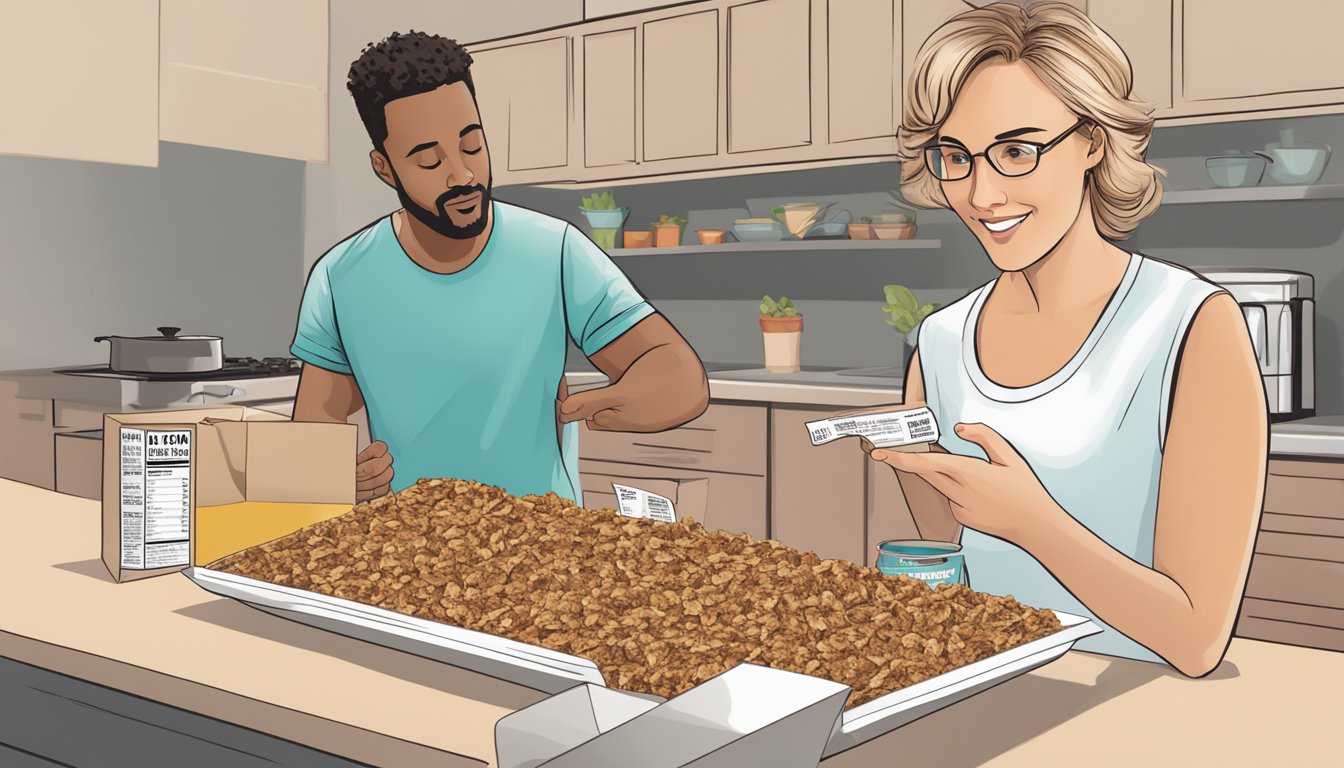 A table covered in empty Kate's Real Food organic granola bar wrappers, with a nutrition label and a concerned person checking the serving size