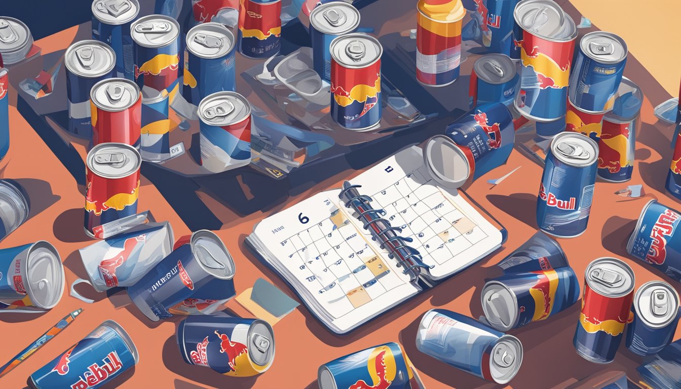 Empty Red Bull cans scattered around a cluttered desk. A calendar with multiple dates circled. A person looking fatigued and restless