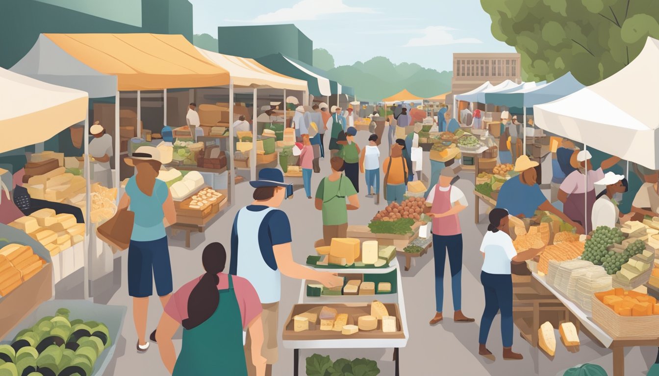 A bustling farmer's market filled with diverse vendors and customers, showcasing and enjoying a variety of locally made artisan cheeses from Oregon