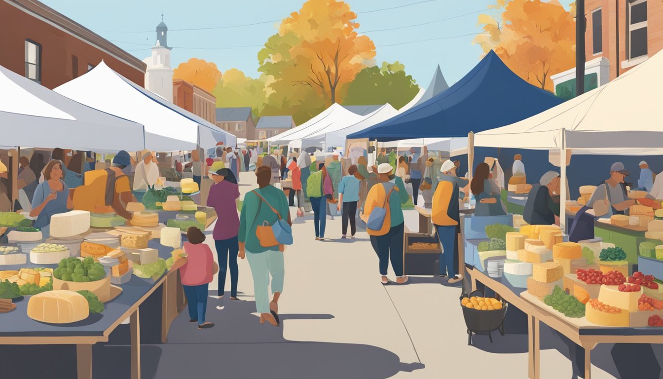 A bustling farmers' market with colorful tents and tables showcasing local artisan cheeses from Rhode Island. Visitors engage with vendors and sample various cheese offerings