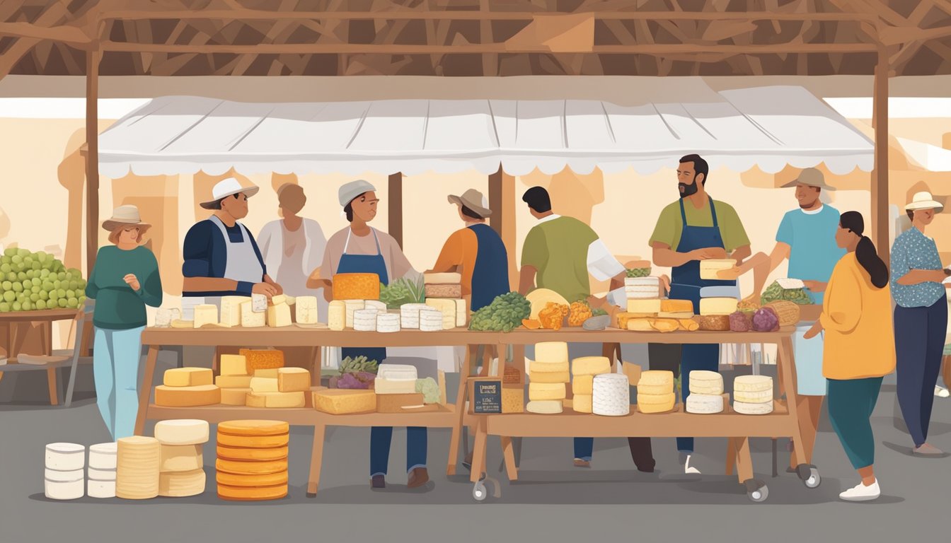 A farmer's market booth filled with colorful wheels of local artisan cheese, surrounded by people browsing educational resources and attending events