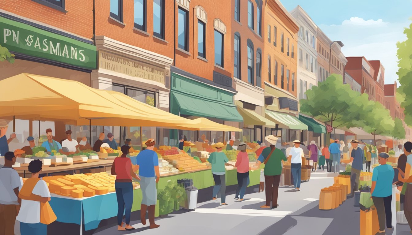 A bustling farmers' market with vendors selling Pennsylvania artisan cheese, surrounded by a diverse community enjoying and supporting local businesses