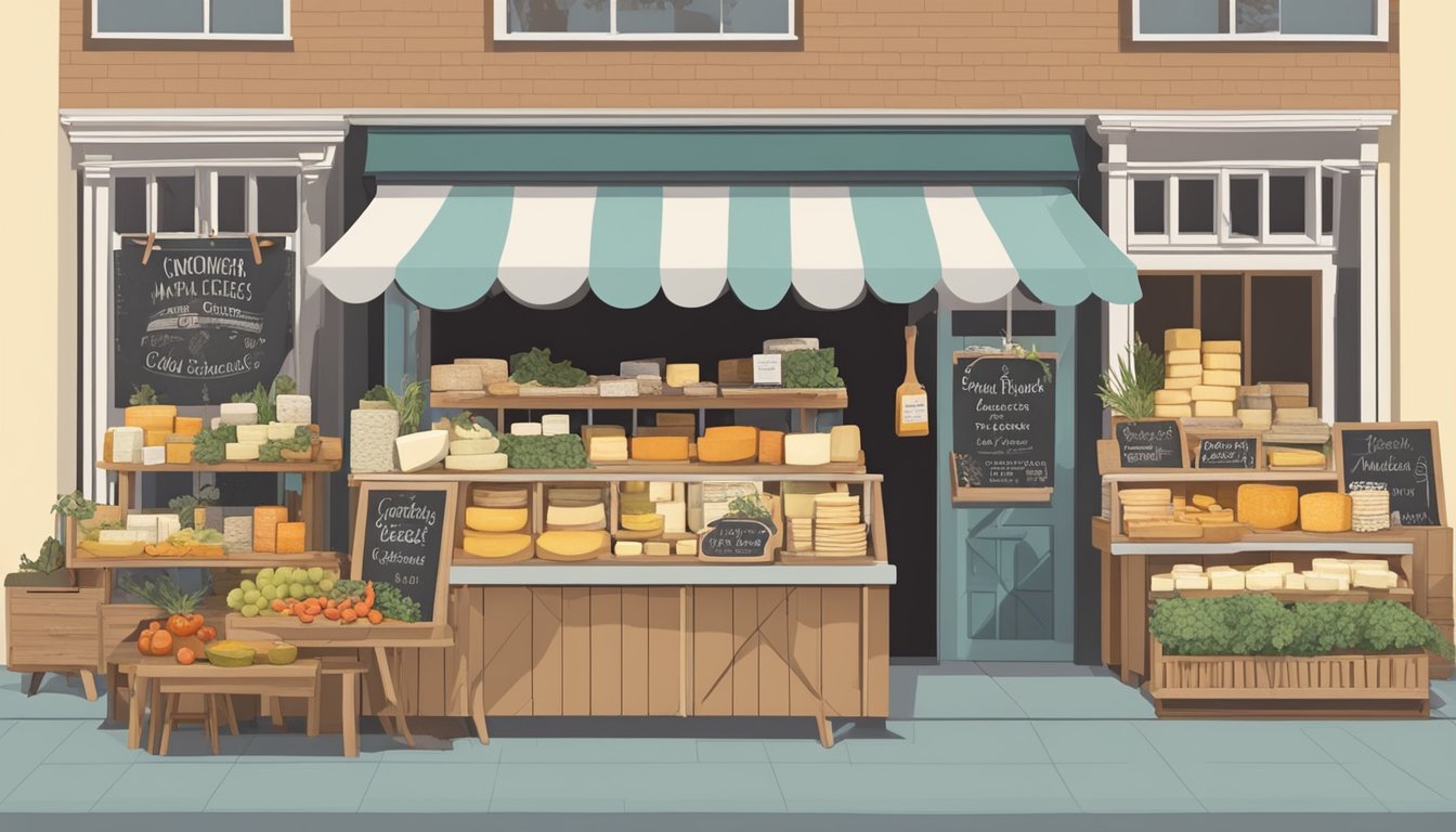 A farmer's market stall displays a variety of artisan cheeses from local Rhode Island makers. Customers sample and purchase the handcrafted products