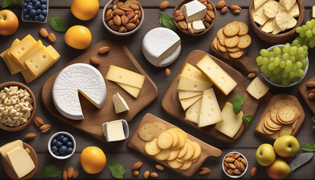 A rustic wooden table adorned with a variety of Pennsylvania local artisan cheeses, accompanied by fresh fruits, nuts, and a selection of crackers