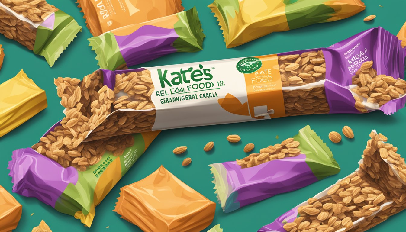 A pile of Kate's Real Food organic granola bars overflowing from an open package, surrounded by empty wrappers