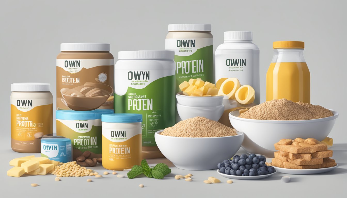 A table with various servings of OWYN high protein products, some stacked and others scattered, surrounded by measuring cups and a nutrition label