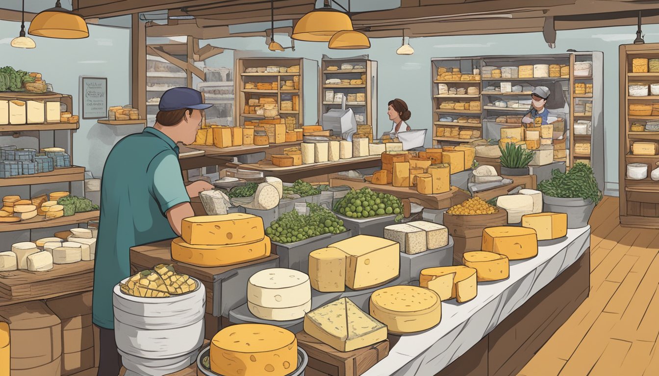 A bustling market stall displays a variety of Pennsylvania artisan cheeses, with colorful signage and samples for customers to try