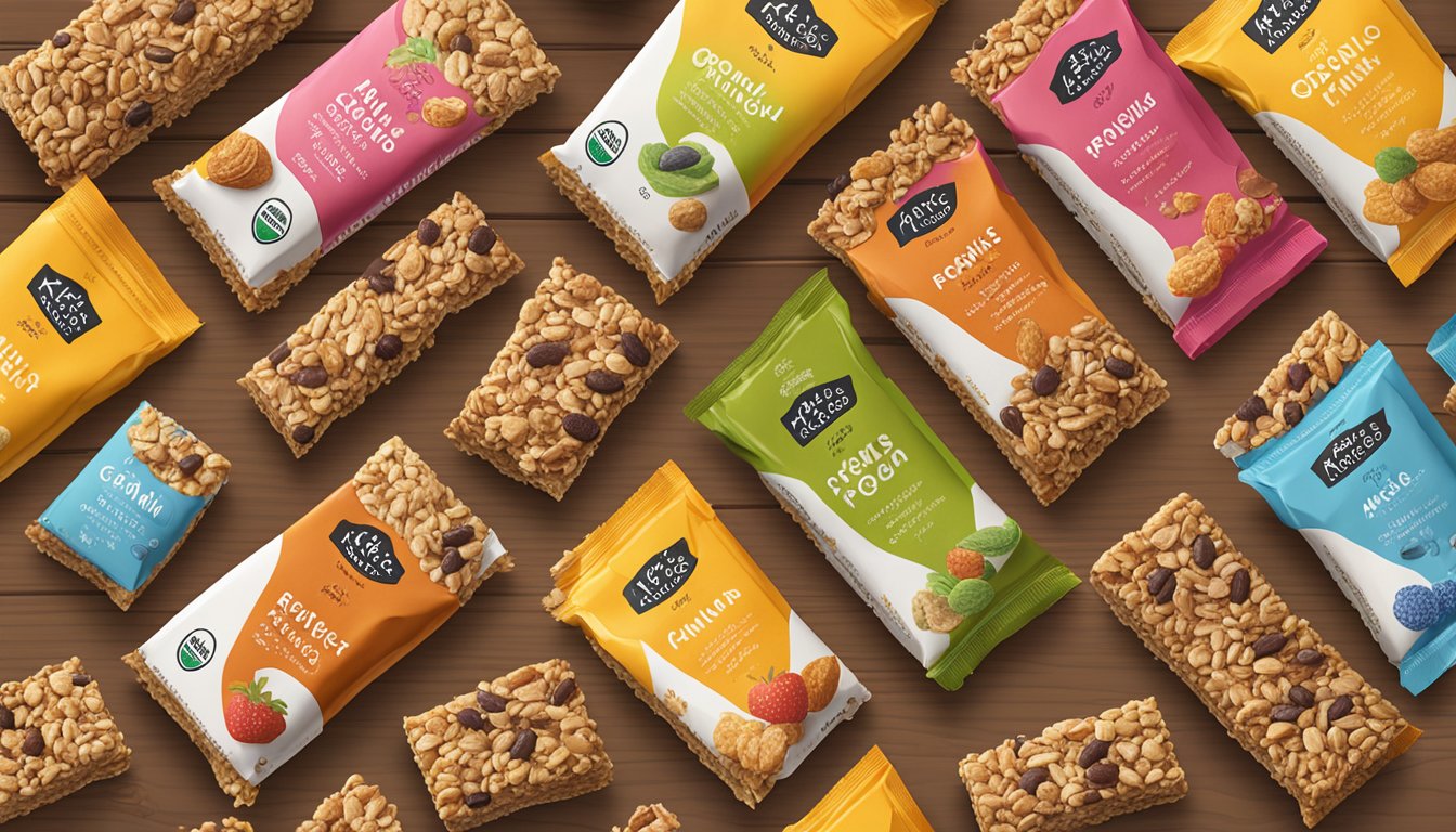 A colorful array of Kate's Real Food organic granola bars, displayed in neat rows on a wooden table