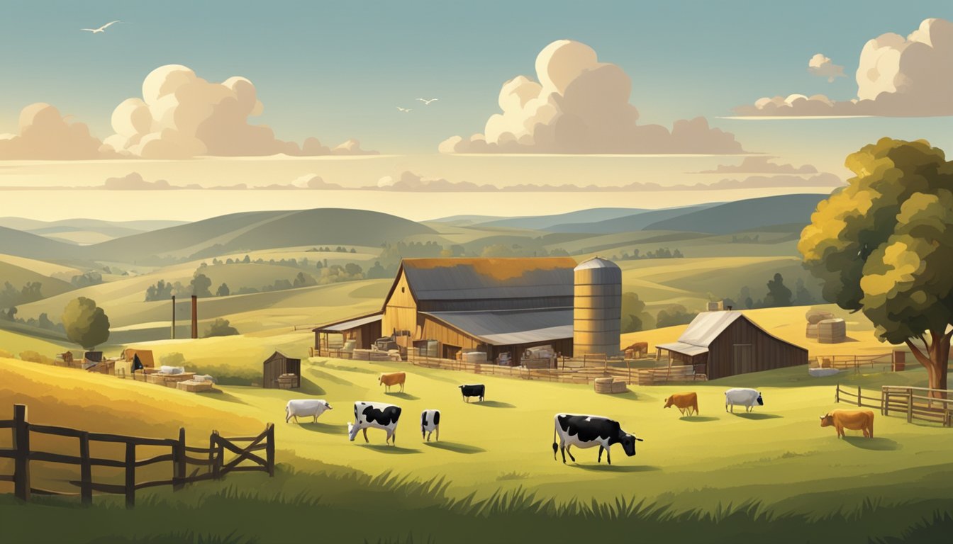 A rustic farm setting with rolling hills and grazing cows, a small cheese-making facility with workers crafting artisan cheeses