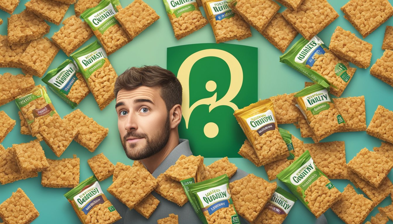 A person surrounded by multiple Nature Valley crunchy oats bars, with a question mark above their head