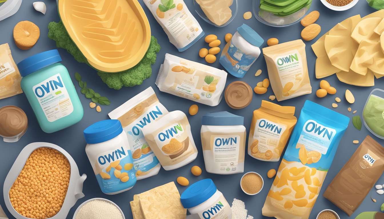 A colorful array of OWYN high protein products piled up on a table, with a nutrition label showing serving sizes and a question mark hovering above