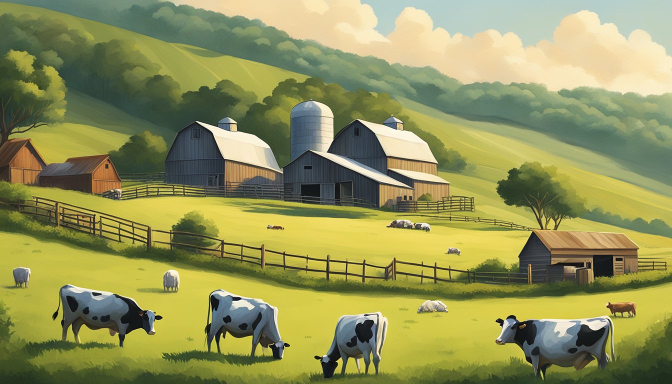 A rustic farm scene with rolling hills, a quaint cheese-making barn, and a group of contented cows grazing in the lush green pastures of South Carolina