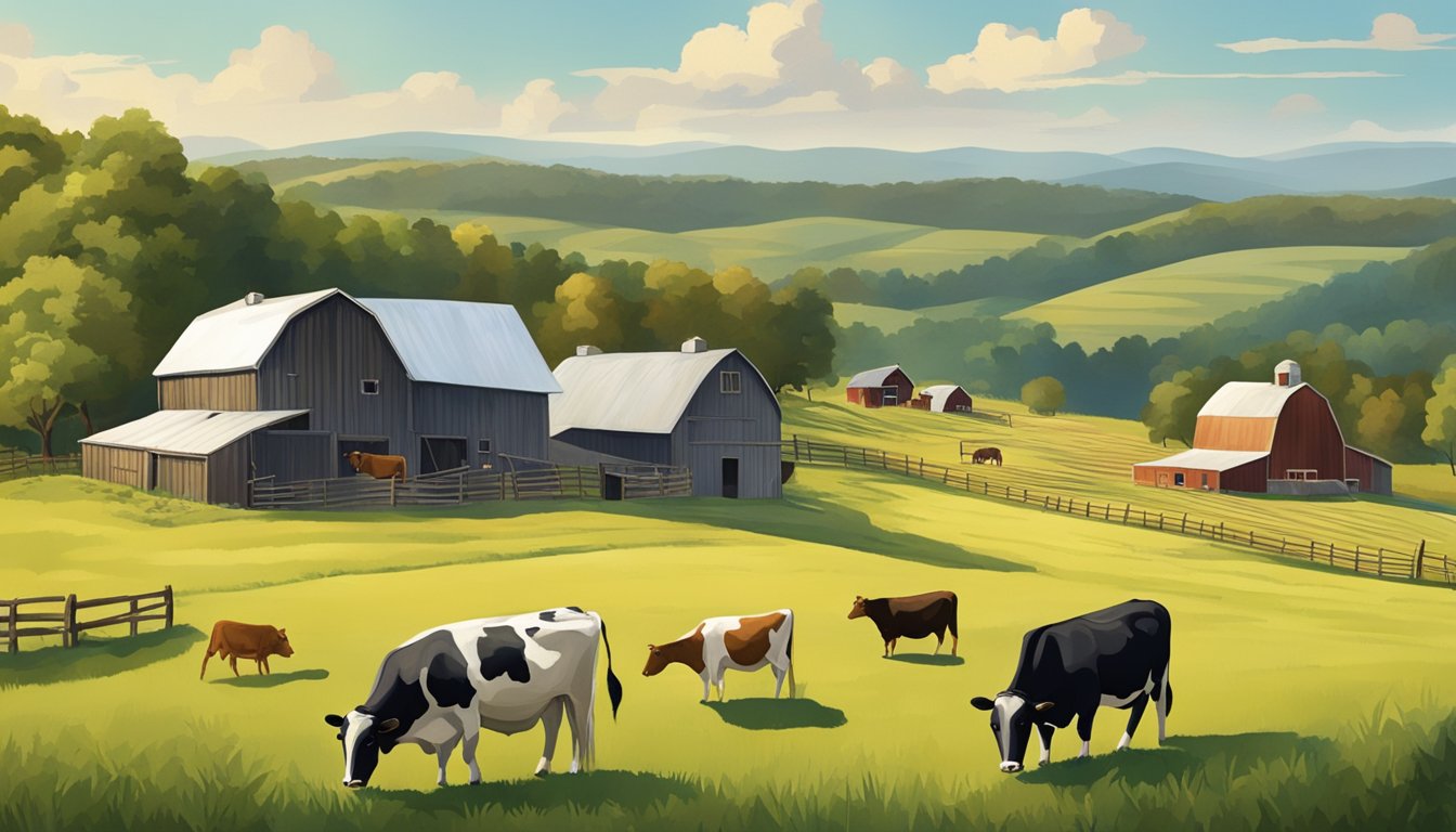 A rustic farm scene with rolling hills, grazing cows, and a small cheese-making facility nestled in the Tennessee countryside