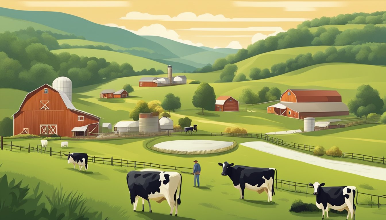 A Tennessee farm with rolling hills and cows grazing in green pastures, while a small artisan cheese factory produces various types of cheese