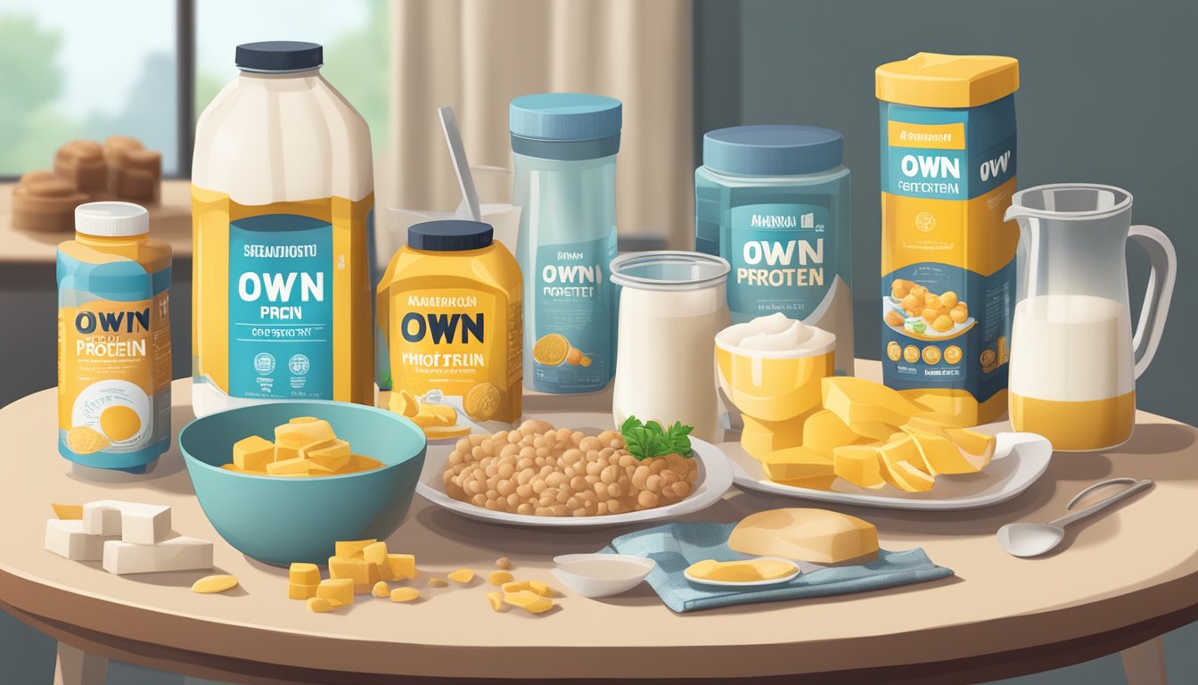 A table with various servings of OWYN high protein products, surrounded by caution signs and a measuring cup