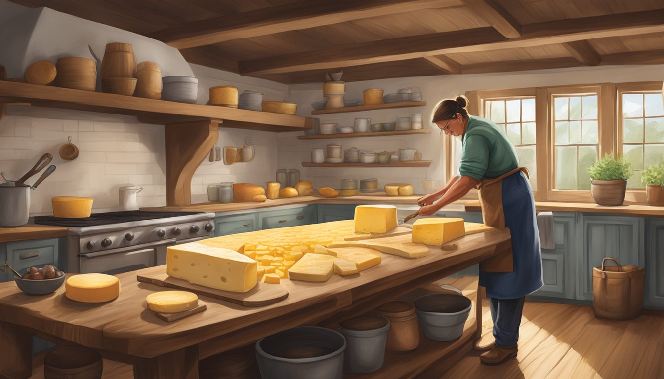 A local artisan in South Carolina crafts cheese using traditional methods in a rustic farmhouse kitchen