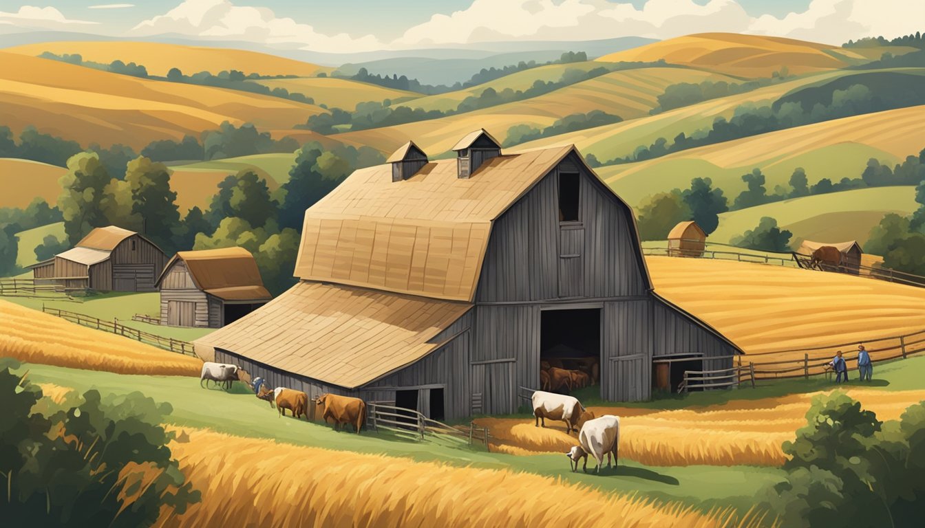 A rustic barn nestled in the rolling hills, surrounded by grazing cows and fields of golden wheat. A small group of artisans carefully crafting and aging wheels of cheese inside