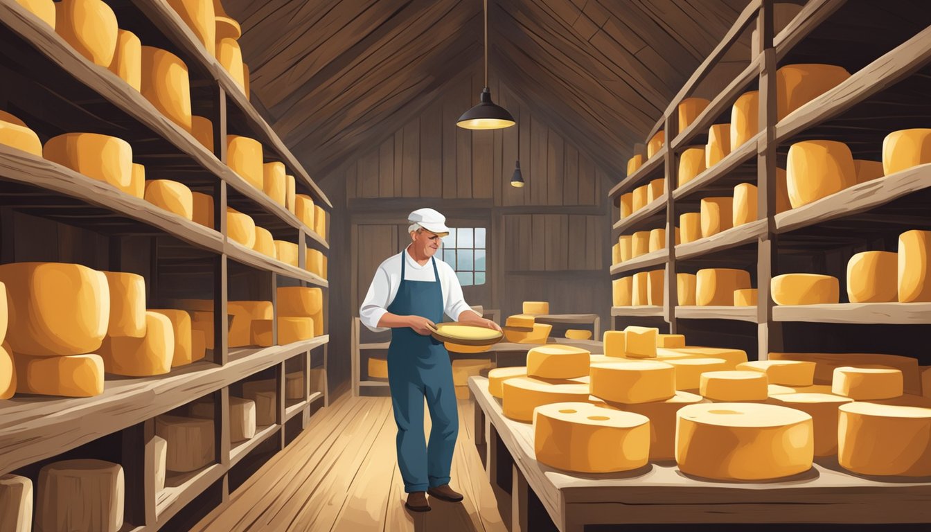 A Tennessee artisan cheese maker crafts cheese in a rustic barn, surrounded by large vats and shelves of aging cheese