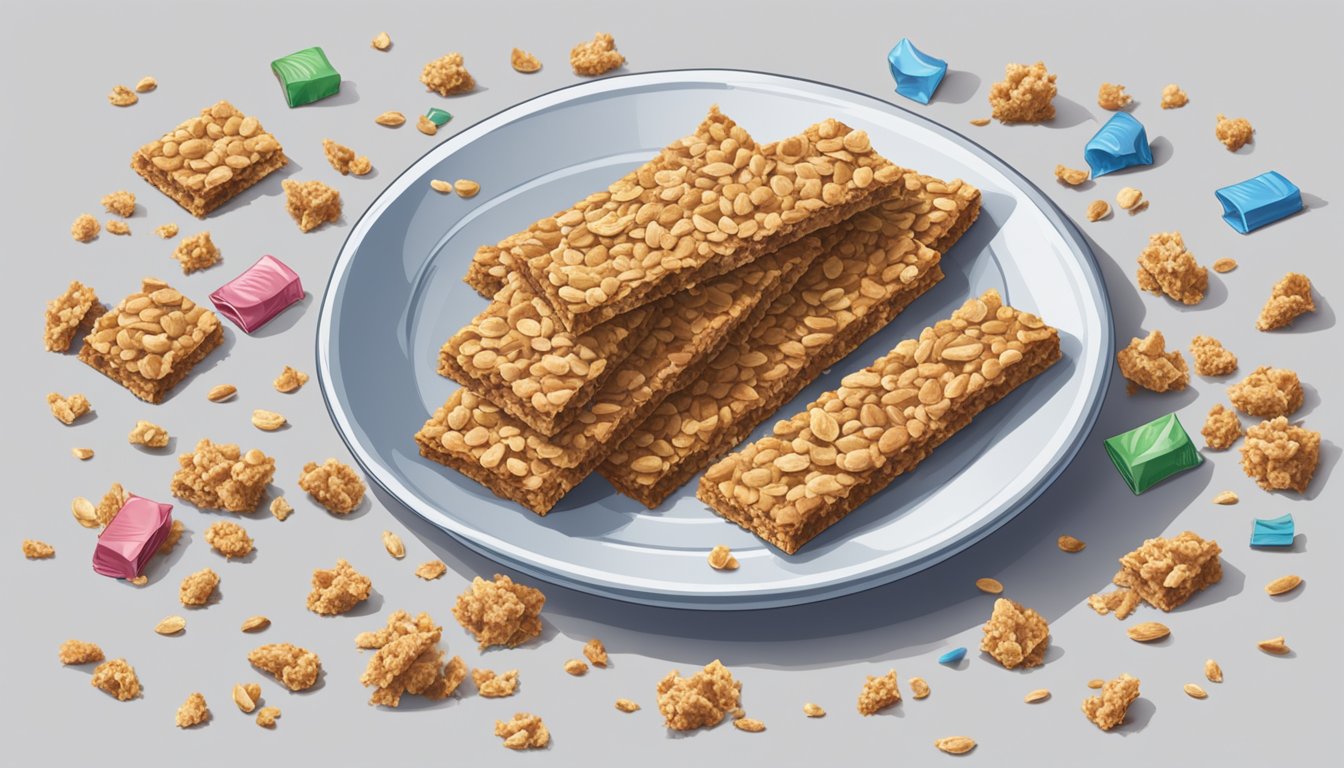 A pile of Quaker Chewy Granola Bars scattered around an empty plate, with crumbs and wrappers strewn about, indicating excessive consumption