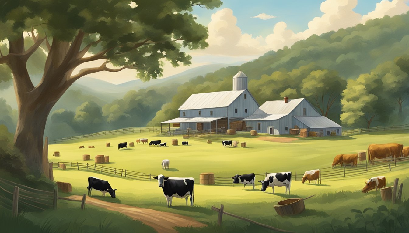 A picturesque farm in South Carolina, with rolling green hills and a quaint cheese-making workshop nestled among the trees. A group of contented cows graze in the distance