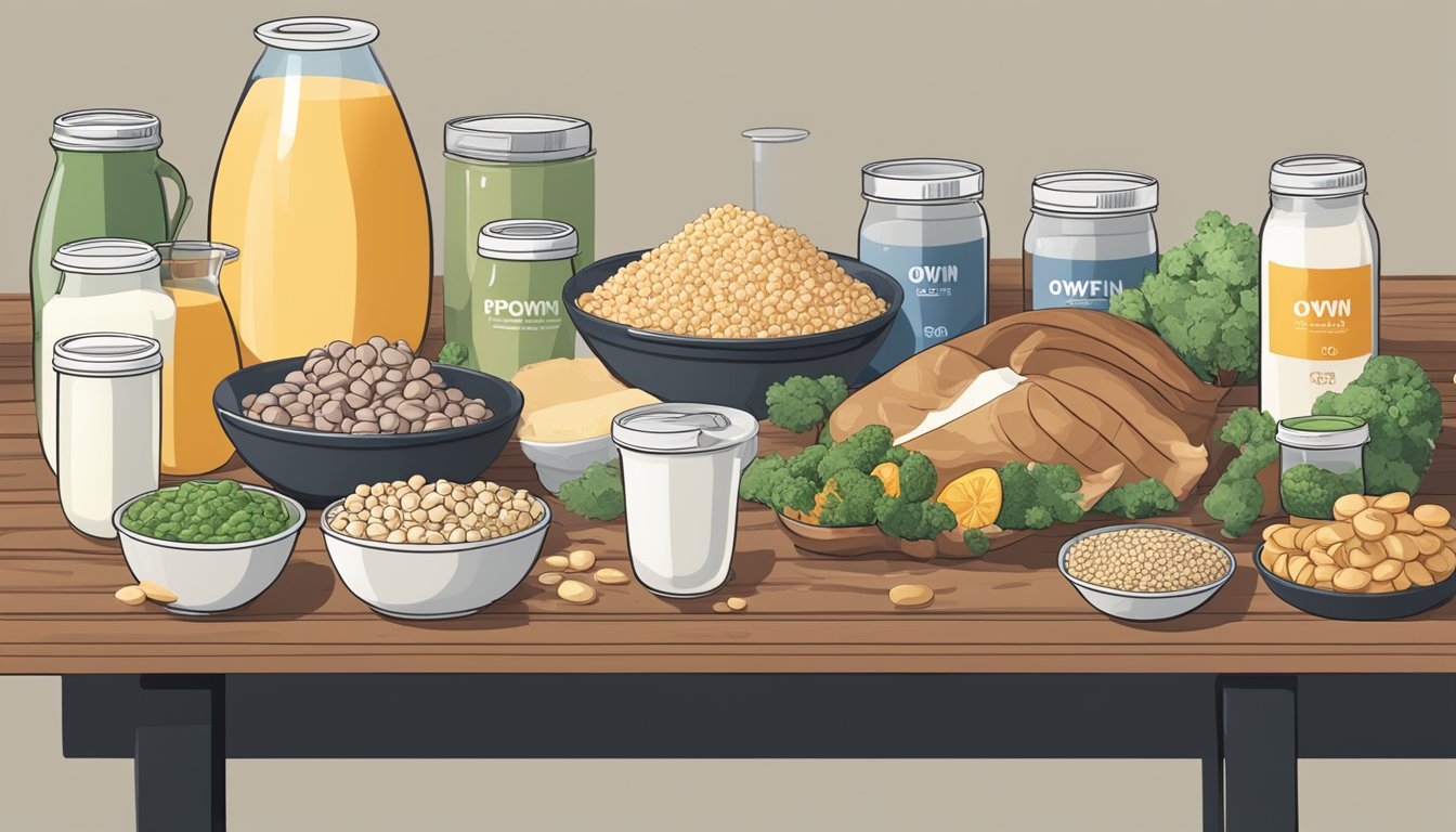 A table with various protein sources, including OWYN high protein, with a stack of servings next to it