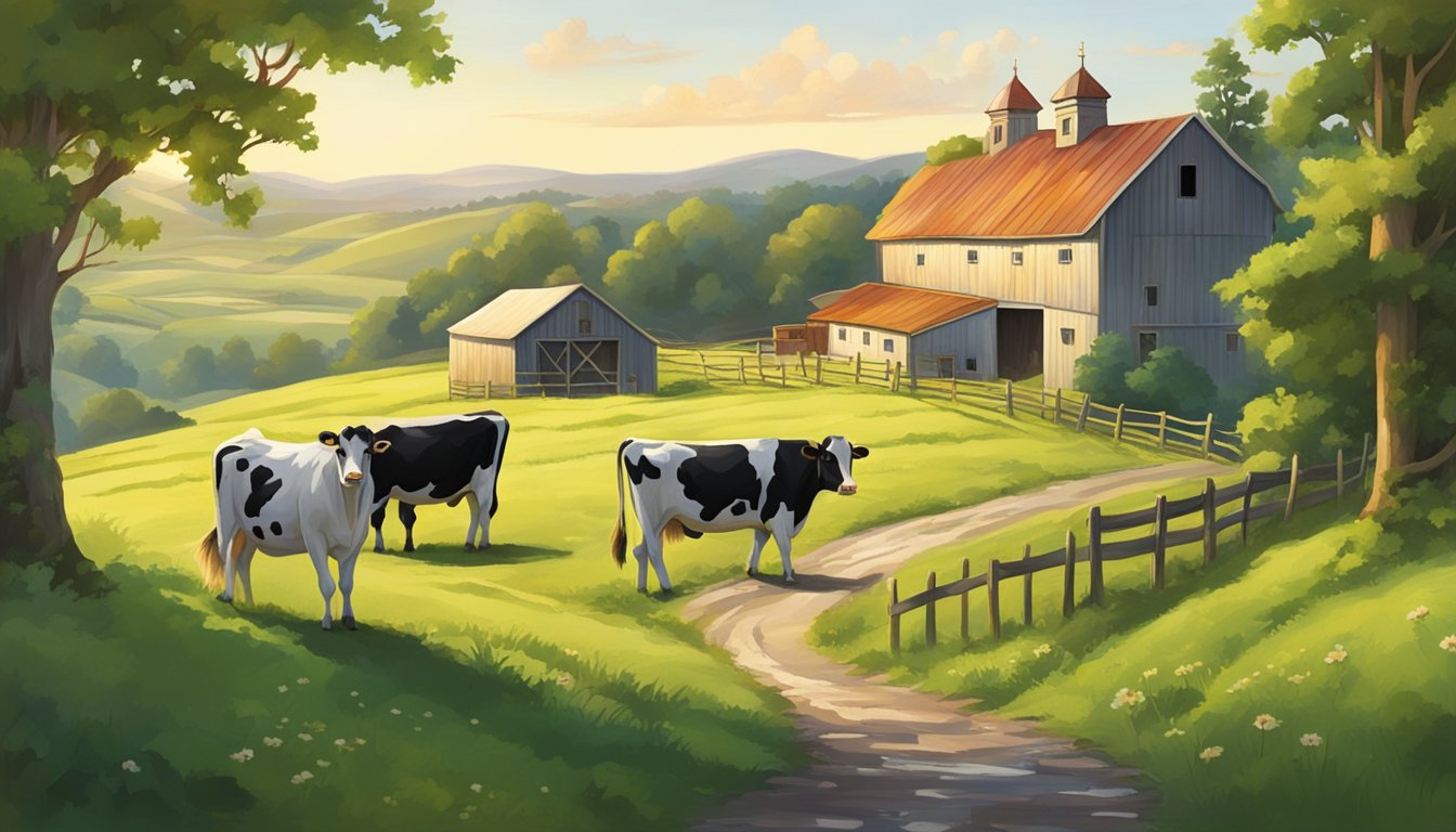 Rolling hills embrace a rustic farm with grazing cows and a quaint creamery building, surrounded by lush greenery