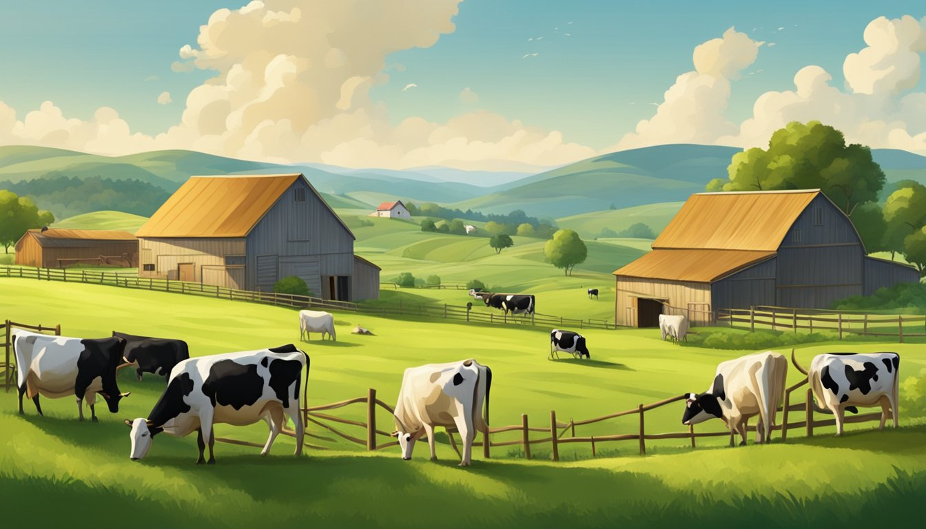 A rustic farm setting with rolling hills, a small cheese-making facility, and a herd of dairy cows grazing in the lush green pasture