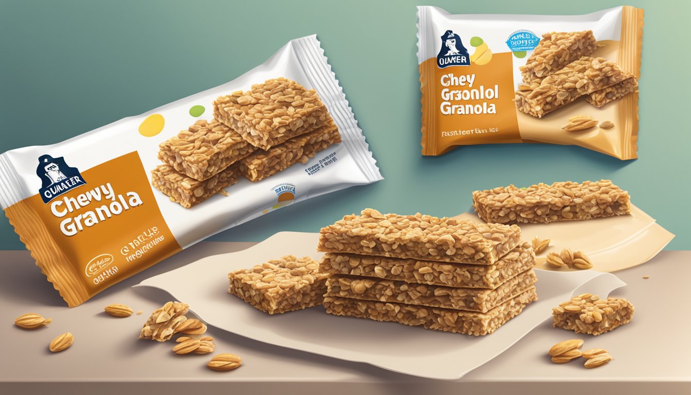 A pile of Quaker Chewy granola bars stacked high on a plate, with an empty wrapper nearby