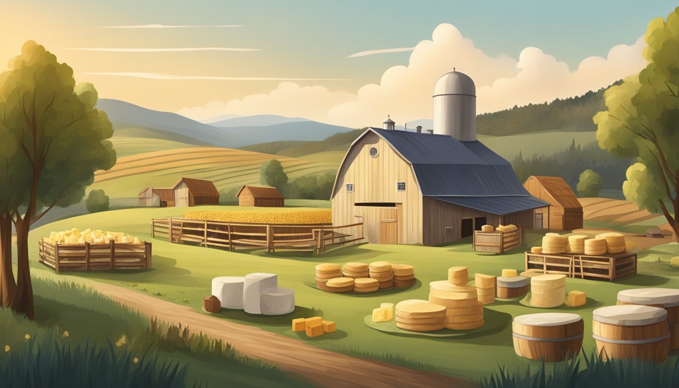 A rustic farm setting with rolling hills and a small cheese production facility, showcasing various types of locally made cheeses on display