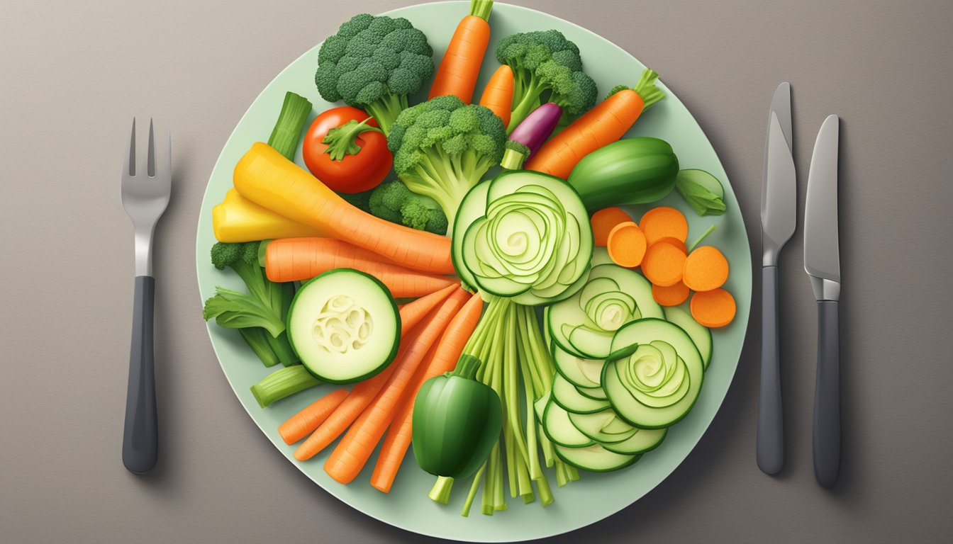 A colorful plate with sliced zucchinis arranged in a circular pattern, surrounded by other high-fiber vegetables like broccoli and carrots