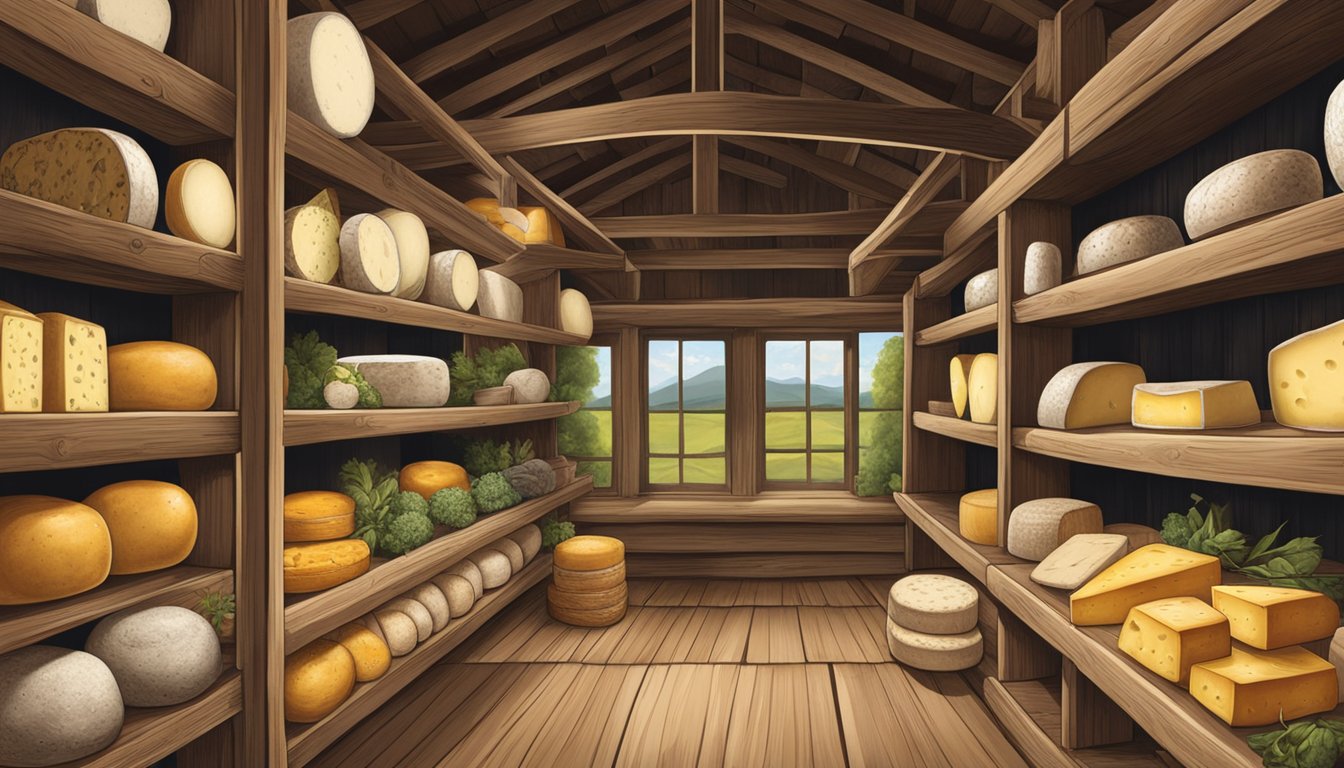 A rustic barn with rolling hills in the background, showcasing a variety of Tennessee local artisan cheeses displayed on wooden shelves