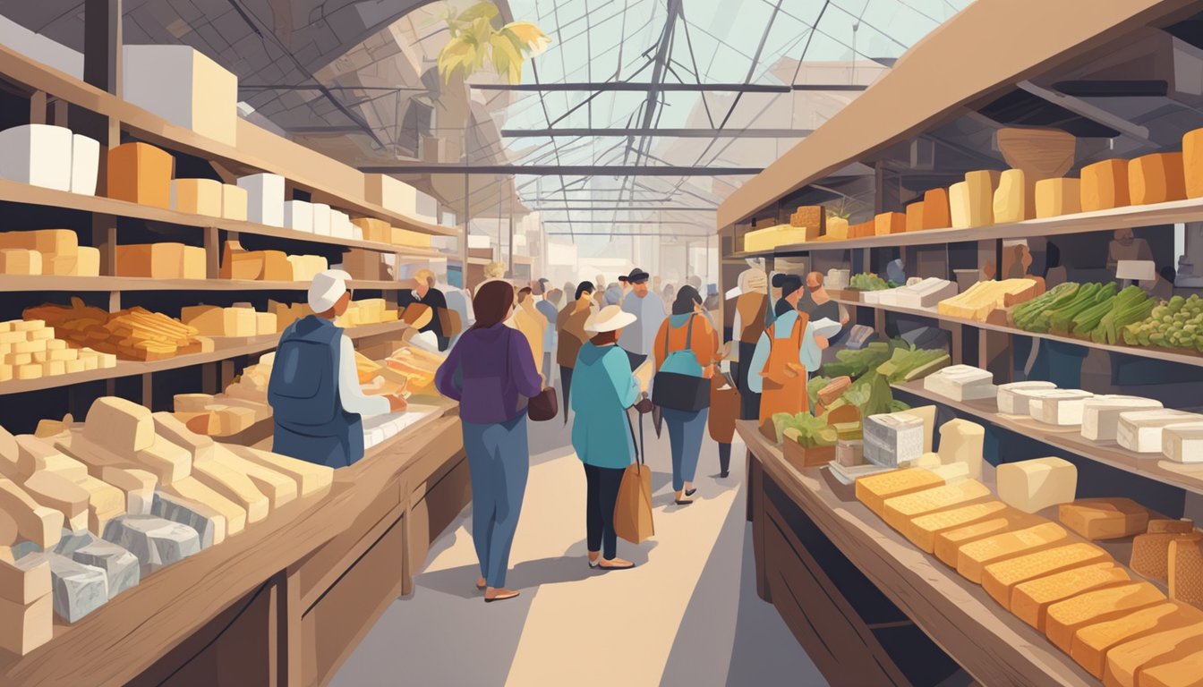 A bustling market with shelves of local artisan cheeses and customers sampling and purchasing products