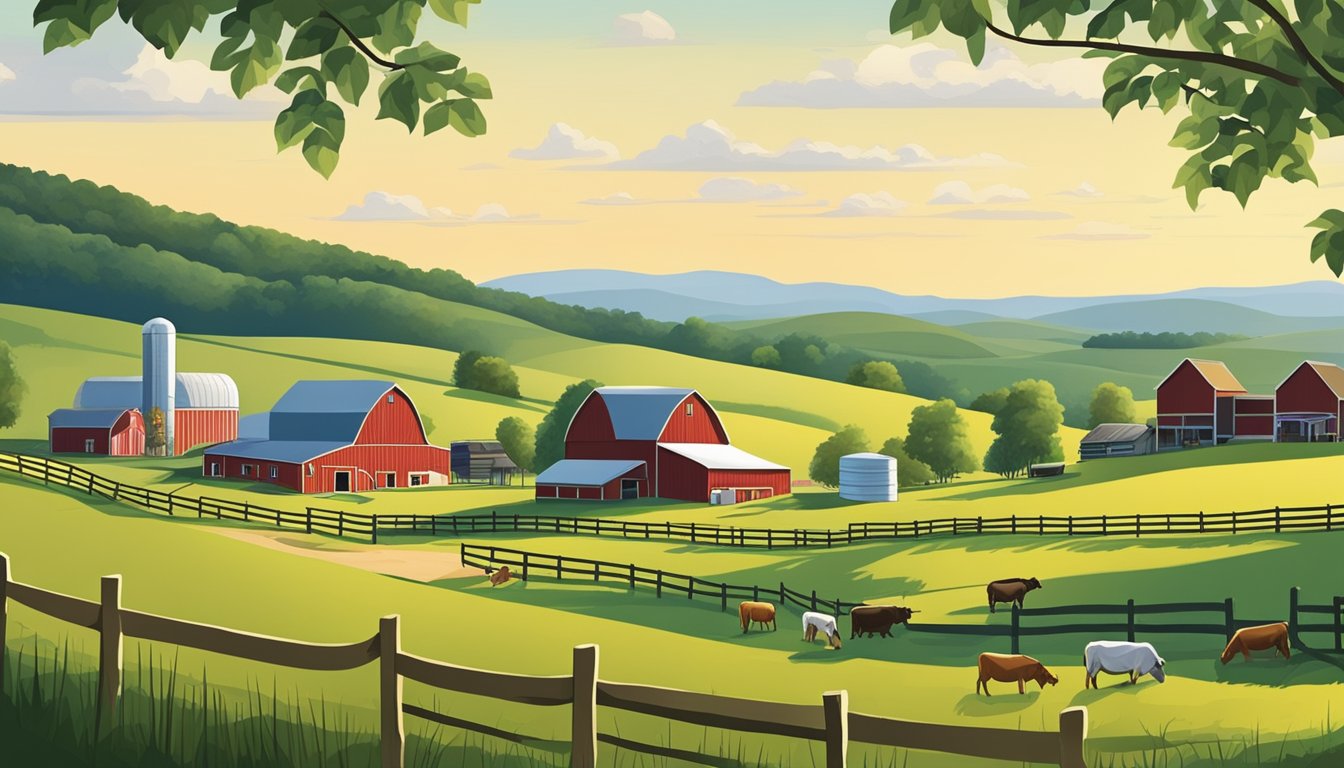 A picturesque Tennessee farm with rolling green pastures and grazing cows, surrounded by barns and silos, showcasing the production of local artisan cheese