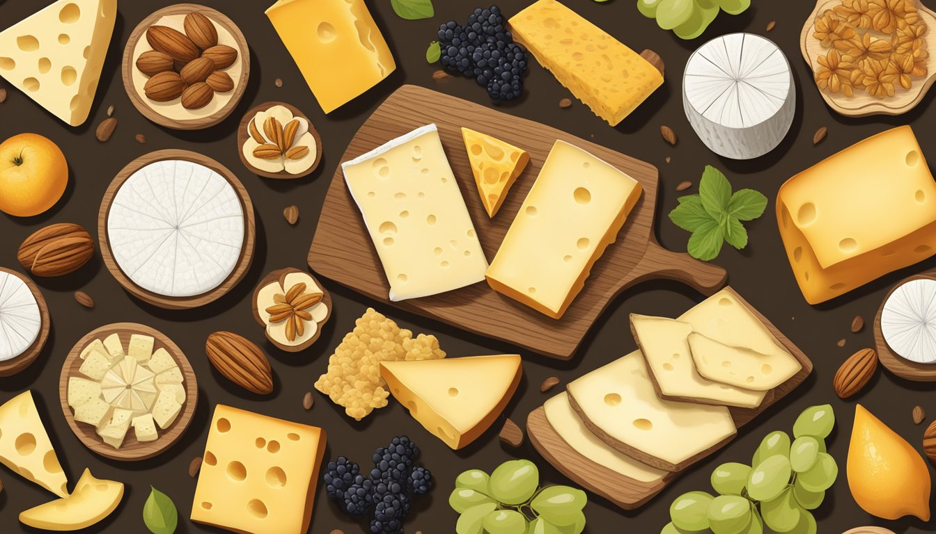 A rustic wooden board displays a variety of South Carolina artisan cheeses, accompanied by fresh fruits, nuts, and honeycomb